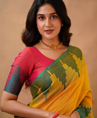 Yellow tissue cotton handloom saree with unstitched blouse piece 5