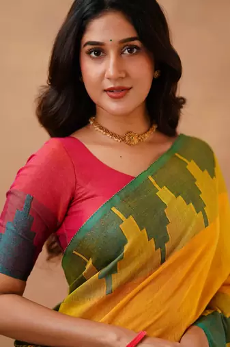 Yellow tissue cotton handloom saree with unstitched blouse piece