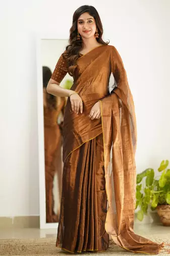 Trendmalls Copper tissue cotton handloom saree with unstitched blouse piece