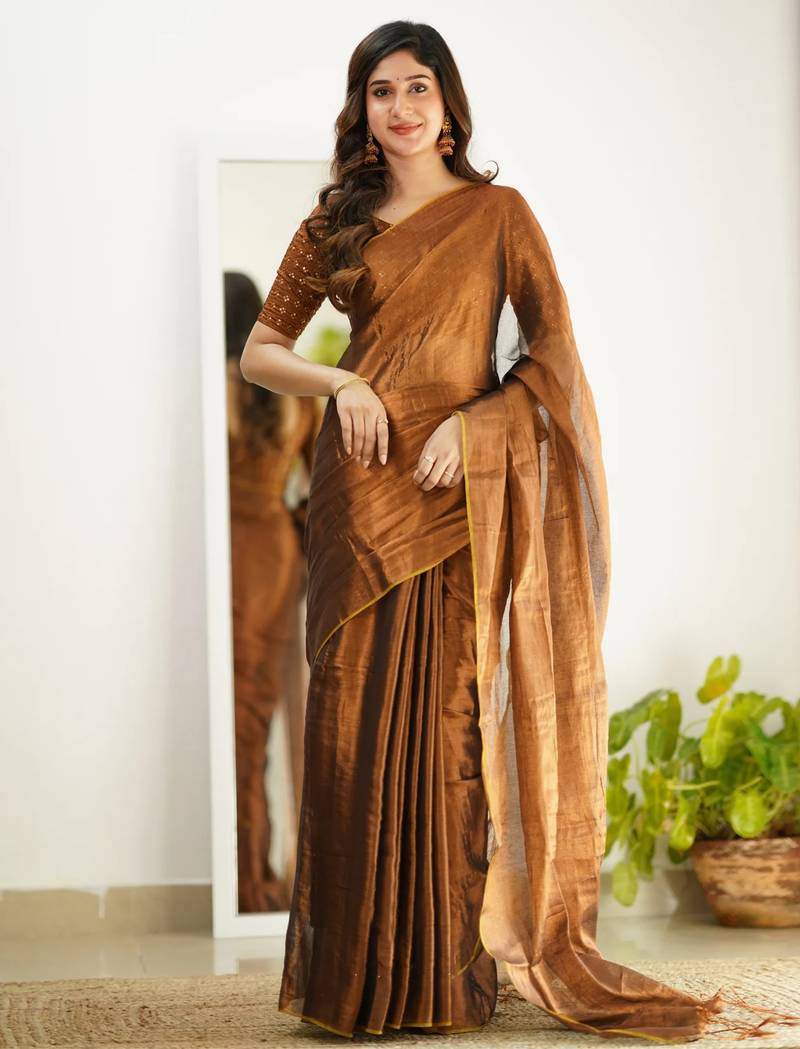 Copper tissue cotton handloom saree with unstitched blouse piece