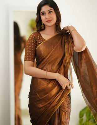 Copper tissue cotton handloom saree with unstitched blouse piece 3