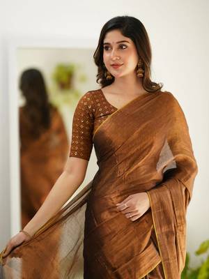 Copper tissue cotton handloom saree with unstitched blouse piece 4
