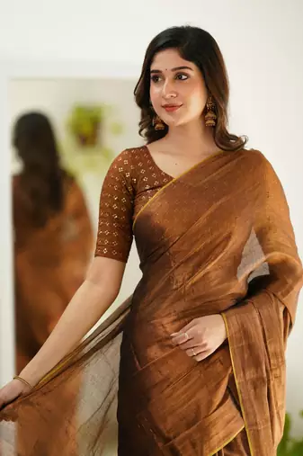 Copper tissue cotton handloom saree with unstitched blouse piece