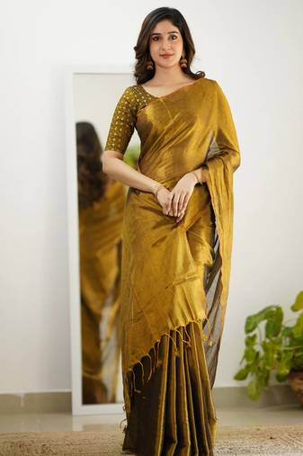 Trendmalls Gold tissue cotton handloom saree with unstitched blouse piece