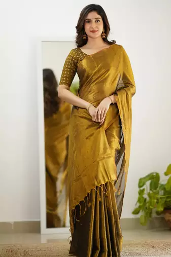 Gold tissue cotton handloom saree with unstitched blouse piece