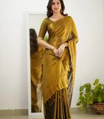 Trendmalls Gold tissue cotton handloom saree with unstitched blouse piece