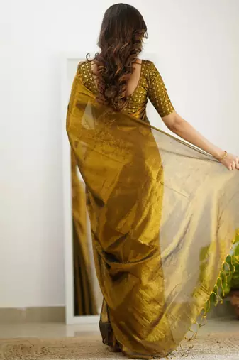 Trendmalls Gold tissue cotton handloom saree with unstitched blouse piece