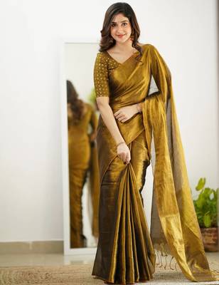 Trendmalls Gold tissue cotton handloom saree with unstitched blouse piece 3