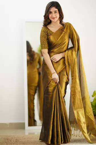 Trendmalls Gold tissue cotton handloom saree with unstitched blouse piece