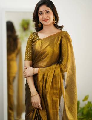 Trendmalls Gold tissue cotton handloom saree with unstitched blouse piece 4