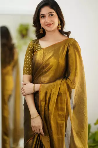 Trendmalls Gold tissue cotton handloom saree with unstitched blouse piece