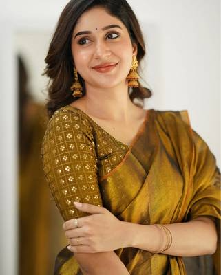 Trendmalls Gold tissue cotton handloom saree with unstitched blouse piece 5