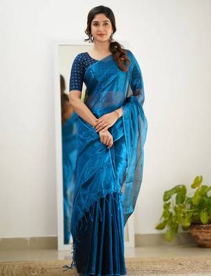 Trendmalls Morpeach tissue cotton handloom saree with unstitched blouse piece 1