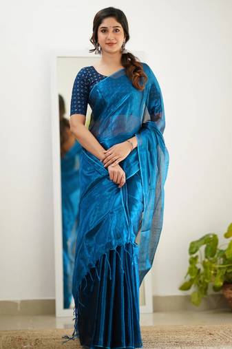 Morpeach tissue cotton handloom saree with unstitched blouse piece