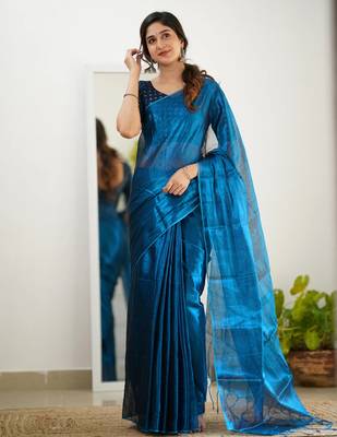 Trendmalls Morpeach tissue cotton handloom saree with unstitched blouse piece 4
