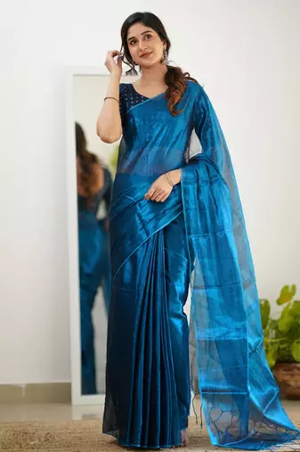 Trendmalls Morpeach tissue cotton handloom saree with unstitched blouse piece