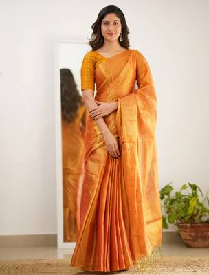 Orange tissue cotton handloom saree with unstitched blouse 1