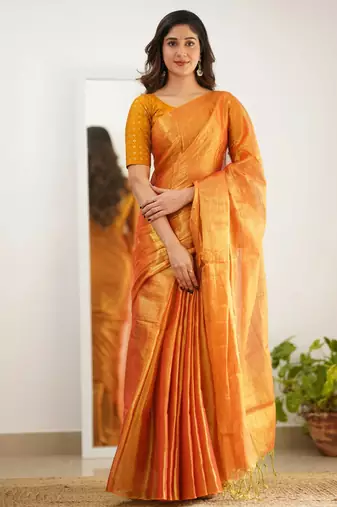 Orange tissue cotton handloom saree with unstitched blouse
