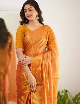 Orange tissue cotton handloom saree with unstitched blouse 2