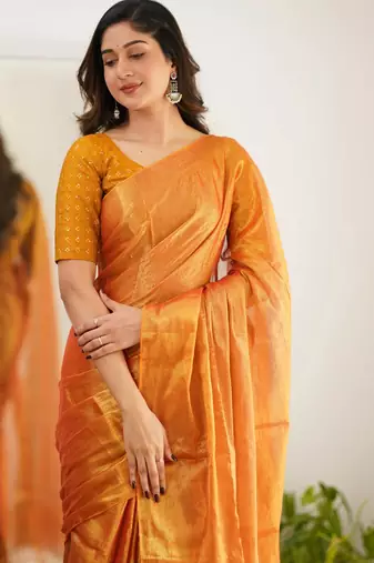 Orange tissue cotton handloom saree with unstitched blouse