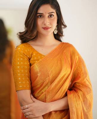 Orange tissue cotton handloom saree with unstitched blouse 3