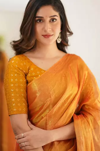 Orange tissue cotton handloom saree with unstitched blouse