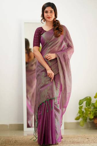 Purple tissue cotton handloom saree with unstitched blouse piece