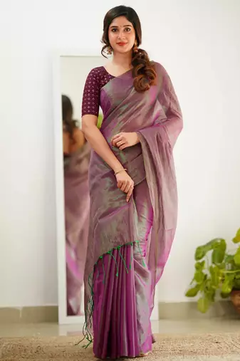 Trendmalls Purple tissue cotton handloom saree with unstitched blouse piece