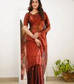 Trendmalls Trendmalls Red tissue cotton handloom saree with unstitched blouse piece