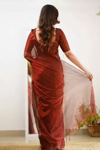 Trendmalls Trendmalls Red tissue cotton handloom saree with unstitched blouse piece