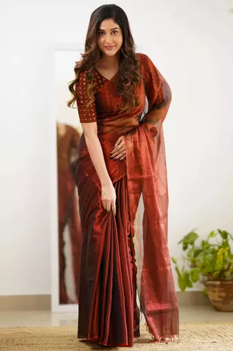 Trendmalls Trendmalls Red tissue cotton handloom saree with unstitched blouse piece