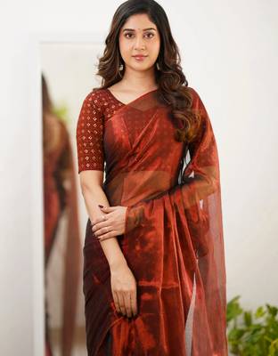 Red tissue cotton handloom saree with unstitched blouse piece 5