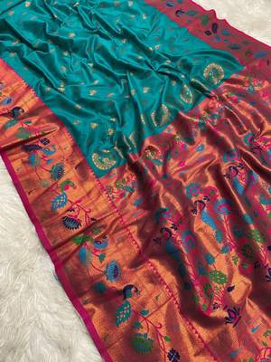 Sky blue banarasi silk blend saree with paithani weaved pallu and blouse 1