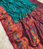 Sky blue banarasi silk blend saree with paithani weaved pallu and blouse