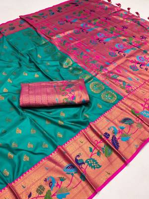 Sky blue banarasi silk blend saree with paithani weaved pallu and blouse 2