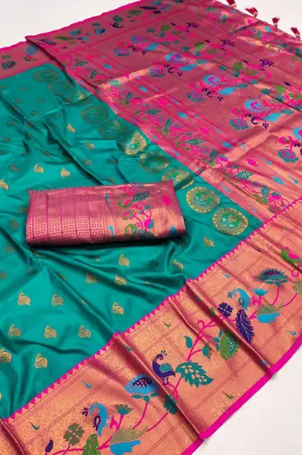 Sky blue banarasi silk blend saree with paithani weaved pallu and blouse