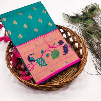 Sky blue banarasi silk blend saree with paithani weaved pallu and blouse 3