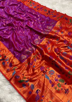 Wine silk blend saree with paithani weaved pallu and blouse 1