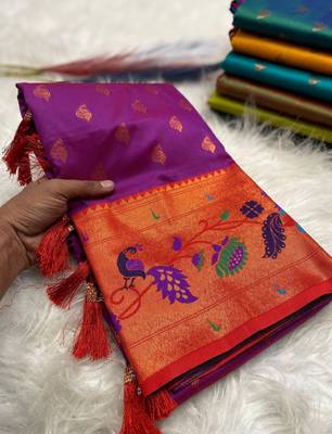 Wine silk blend saree with paithani weaved pallu and blouse 2