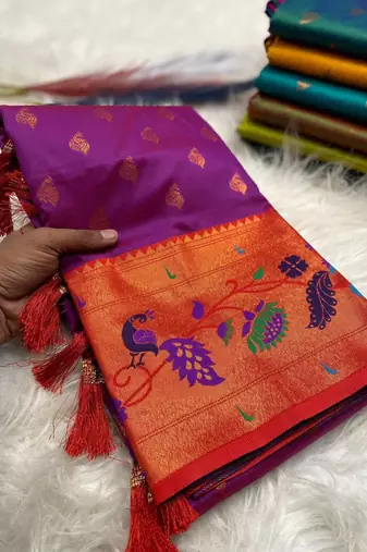 Wine silk blend saree with paithani weaved pallu and blouse