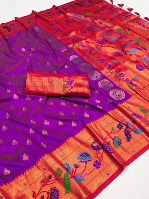 Wine silk blend saree with paithani weaved pallu and blouse 3
