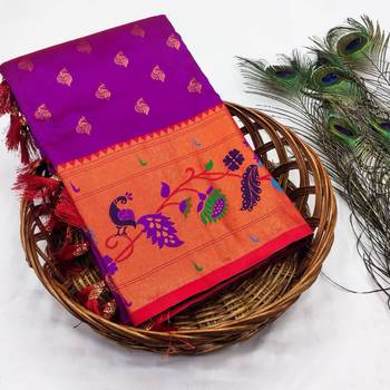 Wine silk blend saree with paithani weaved pallu and blouse 4