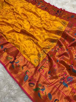 Yellow silk blend saree with paithani weaved pallu and blouse 1