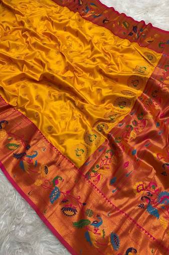 Yellow silk blend saree with paithani weaved pallu and blouse