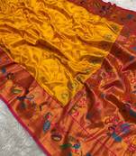 Yellow silk blend saree with paithani weaved pallu and blouse