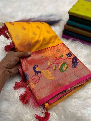 Yellow silk blend saree with paithani weaved pallu and blouse 2