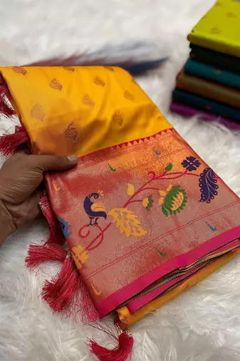 Yellow silk blend saree with paithani weaved pallu and blouse