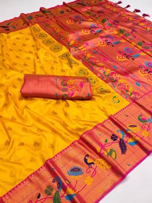 Yellow silk blend saree with paithani weaved pallu and blouse 3