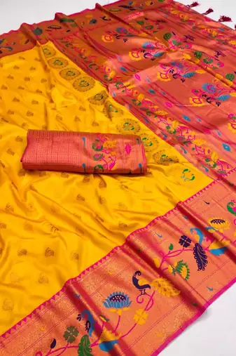 Yellow silk blend saree with paithani weaved pallu and blouse