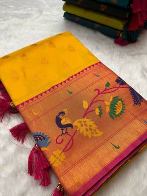 Yellow silk blend saree with paithani weaved pallu and blouse 4